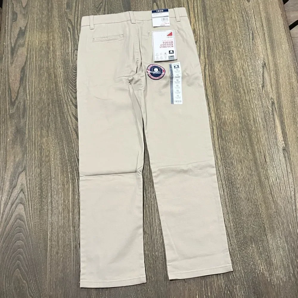 NWT Izod Pants Boys Chino Flat Front Straight Leg Cotton Stretch Beige Size 10